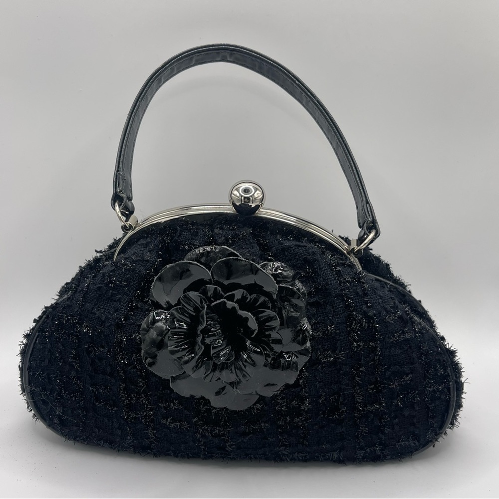 Glenda Giles | Black Evening Hand Bag with Flower Accent​